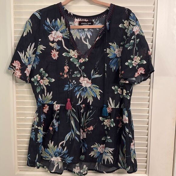 Johnny Was Workshop Floral Leafy Peplum Tassel Blouse Size Small - Picture 1 of 6